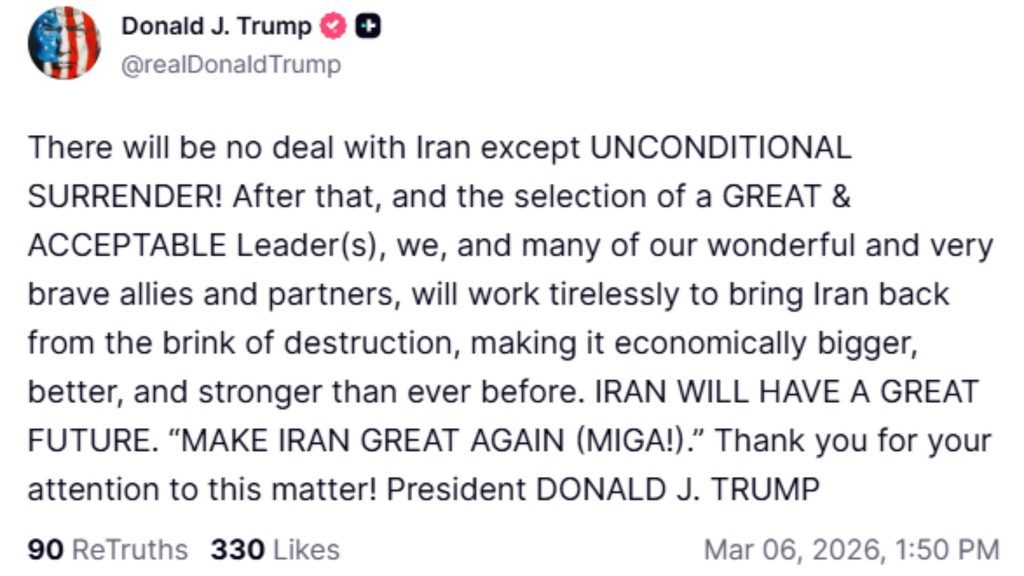 Trump calls for Iran’s ‘unconditional surrender’ as US–Israel strikes enter seventh day