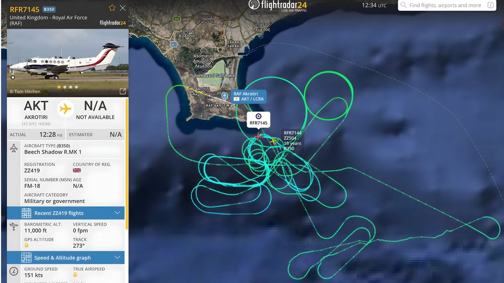 Two RAF Shadow surveillance aircraft loiter off Cyprus as Akrotiri stays on highest alert after suspected drone strike