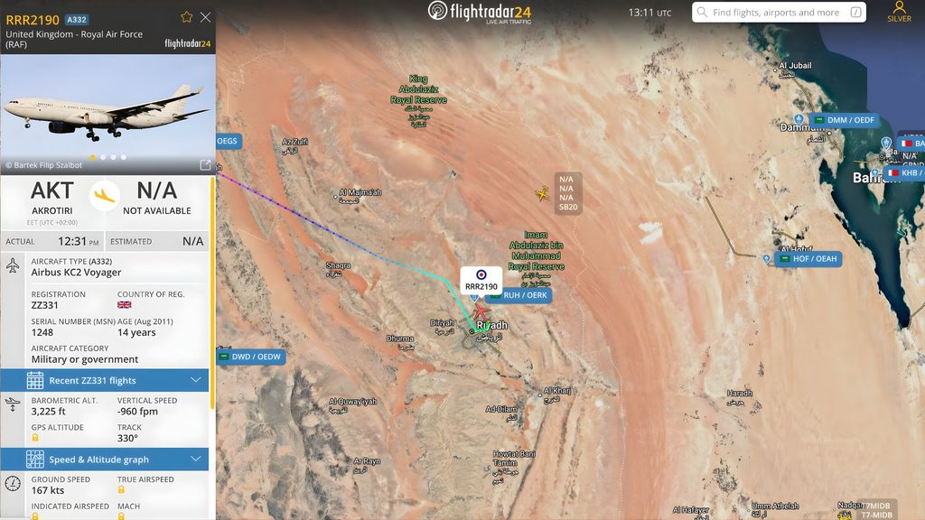 Flight tracking data shows RAF Voyager and A400M flights between Cyprus and Saudi airspace